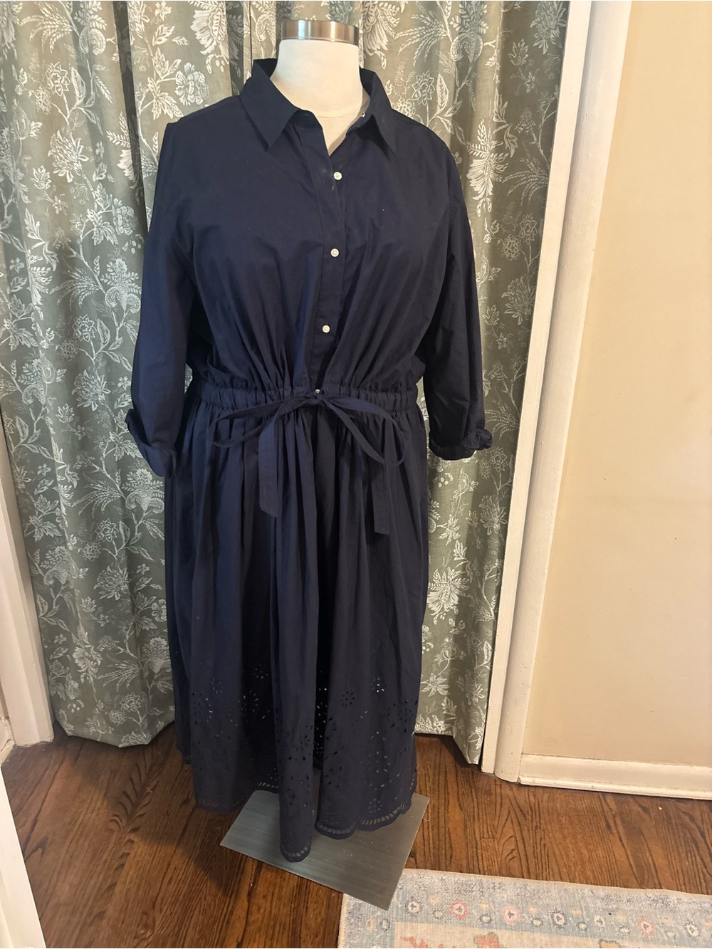 Navy Midi Shirt Dress with Waist Tie
